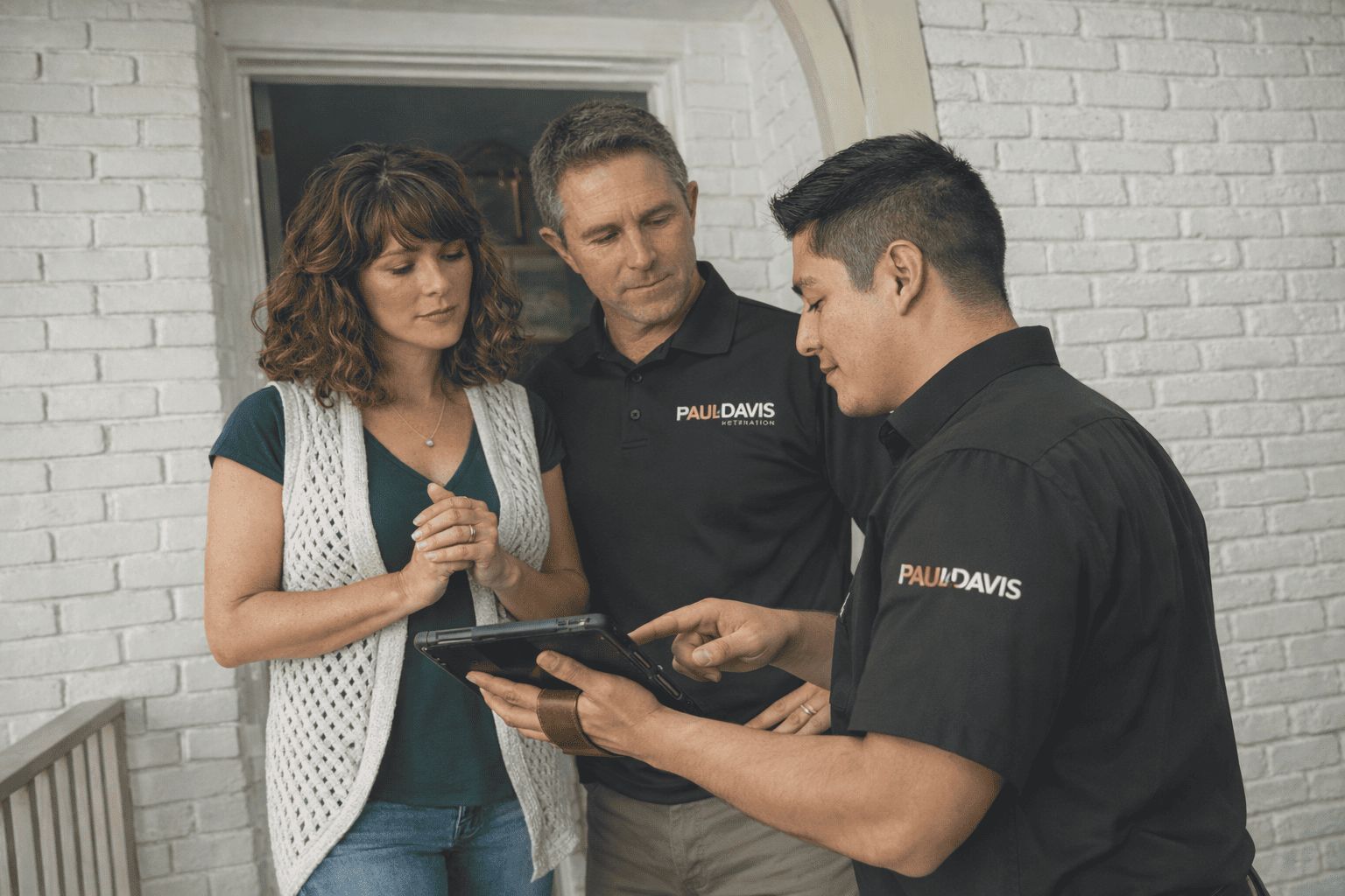 Paul Davis Restoration of NJ Delaware Valley team reviewing project details with homeowners on a tablet, demonstrating clear communication and insurance claims support